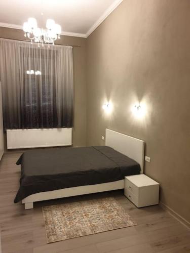 a bedroom with a black bed and a window at Apartament ultracentral. in Arad