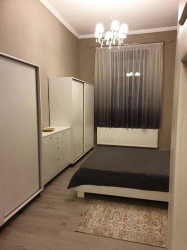 a bedroom with a bed and a window with a curtain at Apartament ultracentral. in Arad