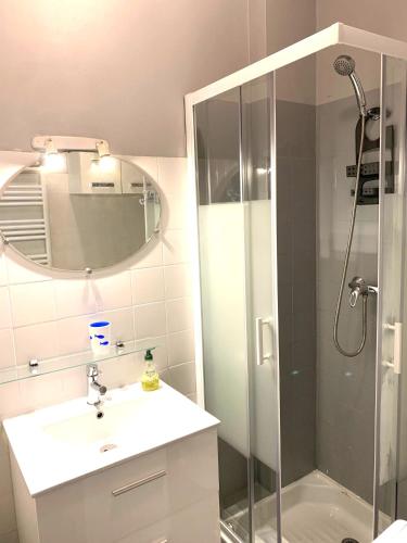 une salle de bain avec une douche, un lavabo et un miroir dans l'établissement Cannes center AC wifi 200 m sea behind Martinez Hotel, à Cannes