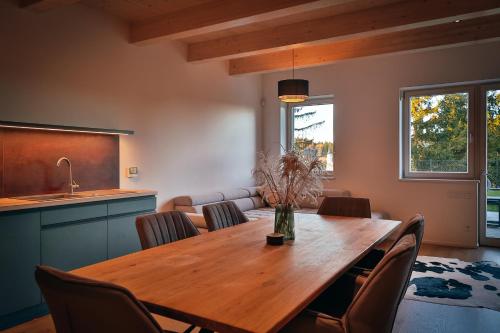 a kitchen and dining room with a wooden table and chairs at Apartmány Lipno Přední Výtoň in Přední Výtoň