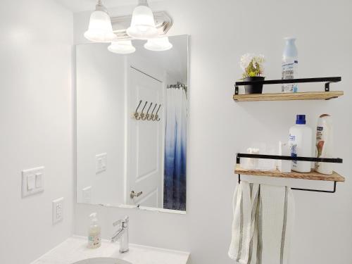 a bathroom with a mirror and a sink at Toronto Downtown Midtown North York Newly Built Modern Bright Room in Toronto