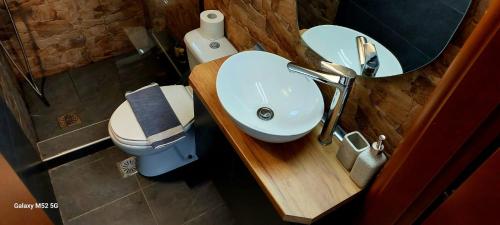 ein Badezimmer mit einem Waschbecken, einem WC und einem Spiegel in der Unterkunft Anastasia studio serres in Serres