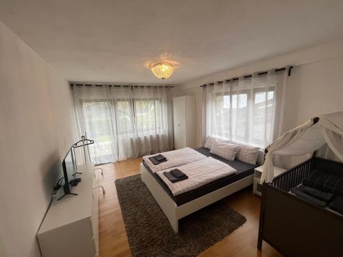 una camera con un letto e una televisione di Stilvolles Apartment nahe Therme und PreZero Arena a Sinsheim
