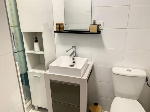 La salle de bains blanche est pourvue d'un lavabo et de toilettes. dans l'établissement Le Florentin - Hyper centre, à Compiègne