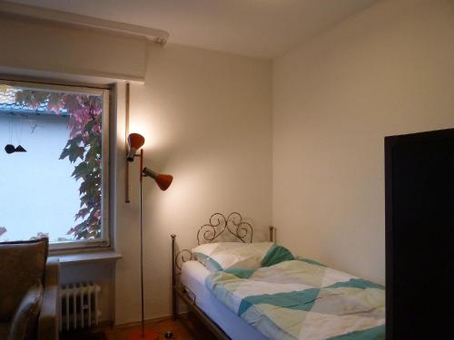 a bedroom with a bed and a window at Im Efeu in Großniedesheim