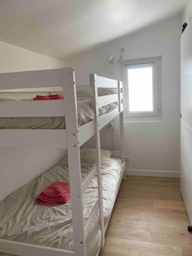 une chambre avec deux lits superposés et une fenêtre dans l'établissement Domaine Font Castel - Gîte Faimes, à Béziers