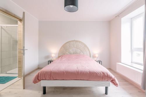 a bedroom with a pink bed and a mirror at Les Gîtes de Juliane et Eric in Gedinne