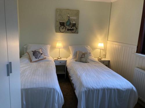 two beds in a small room with two lamps at Exmoor House in Wheddon Cross