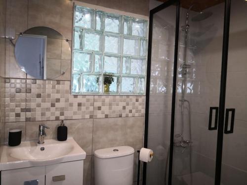 a bathroom with a toilet and a sink and a window at Beach and Surf Lovers in Costa da Caparica