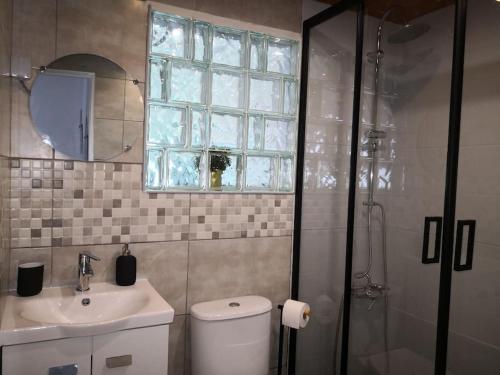 un bagno con un water, un lavandino e una finestra di Beach and Surf Lovers a Costa da Caparica