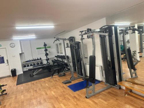 una palestra con diversi tapis roulant e cyclette di Specious apartment In Canning Town ( London ) a Londra