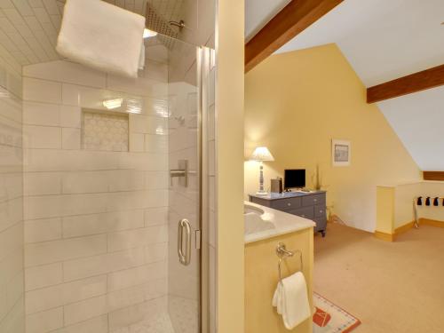 un bagno con doccia e lavandino di 202 Pointes North Inn a Charlevoix