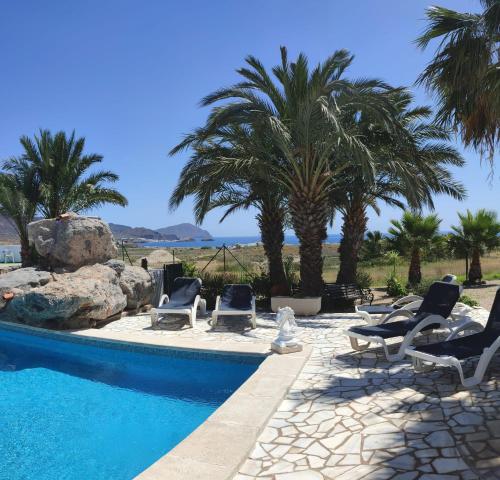 洛斯艾斯庫優斯的住宿－CampoMar，一个带躺椅的游泳池,棕榈树