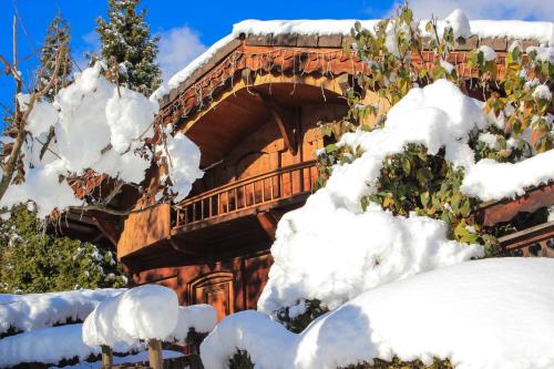 un bâtiment recouvert de neige avec des arbres enneigés dans l'établissement Les Greniers du Mont Blanc, à Passy