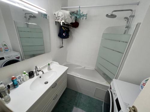 a bathroom with a sink and a shower and a tub at Guest room in a shared apartment - Metro 7 and Tramway T3a in Paris