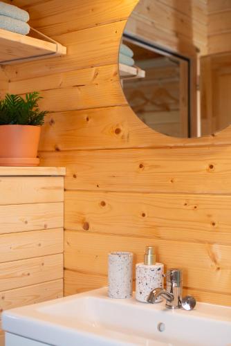 a bathroom with a sink and a mirror at Logeren in Veere in Veere