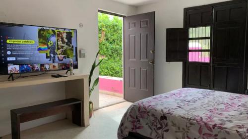 a bedroom with a bed and a desk and a tv at Hostal Rosa Mexicano in Mérida