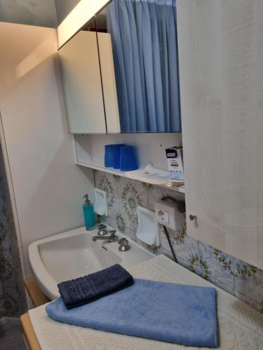 a bathroom with a sink and a blue towel on a counter at LA CORTE DELLA CARLA - cozy home in the old court in Lierna