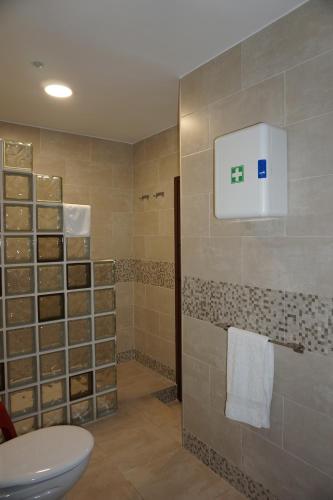 a bathroom with a toilet and a towel rack at Casa Rural Noel en Parque Natural Lagunas de Ruidera in Ossa de Montiel