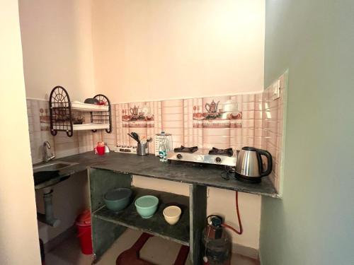 uma pequena cozinha com um balcão e um lavatório em Mitra Homes - Mandrem em Mandrem