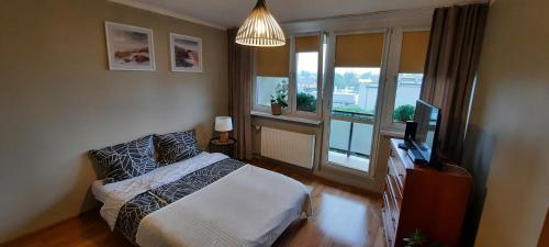 1 dormitorio con 1 cama, TV y ventana en Apartament Tarnogórski, en Tarnowskie Góry