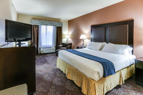 Habitación de hotel con cama grande y TV de pantalla plana. en Holiday Inn Express Hotel & Suites Huntsville, an IHG Hotel, en Huntsville