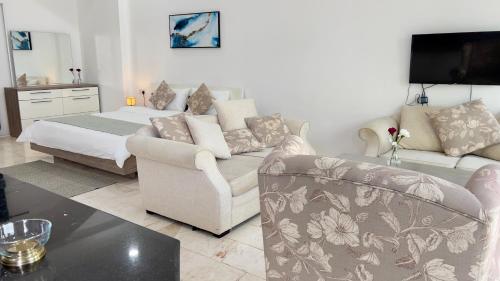 Wadi Shab Beach Villa في صور: غرفة معيشة مع سرير وأريكة
