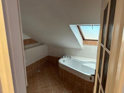 a bathroom with a bath tub and a window at Pension 325 in Tábor