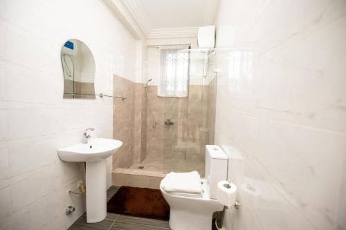 e bagno con servizi igienici, lavandino e doccia. di Impeccable 1-Bedroom Furnished Apartment in Accra a Accra