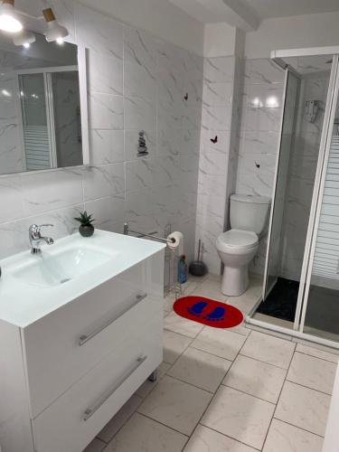 ein weißes Bad mit einem Waschbecken und einem WC in der Unterkunft Le Cocon de l'Oranger in Le Moule