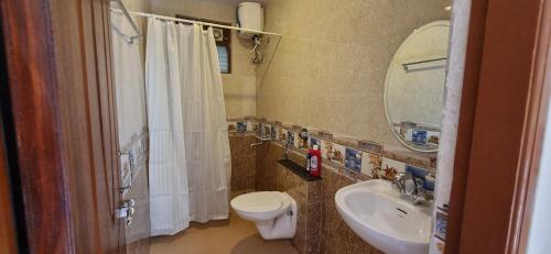 y baño con aseo, lavabo y ducha. en Majorda Coastal Homestay, en Nuvem