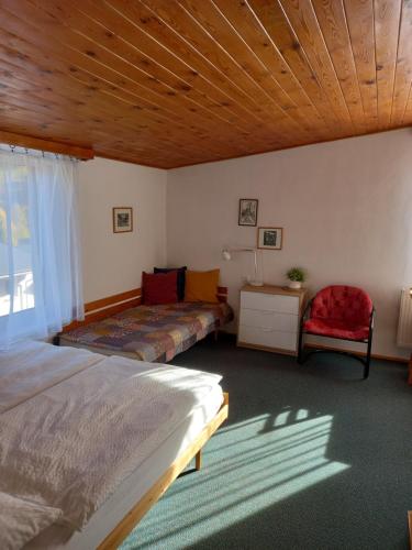 een slaapkamer met 2 bedden en een houten plafond bij Penzion U Sochoru in Pec pod Sněžkou