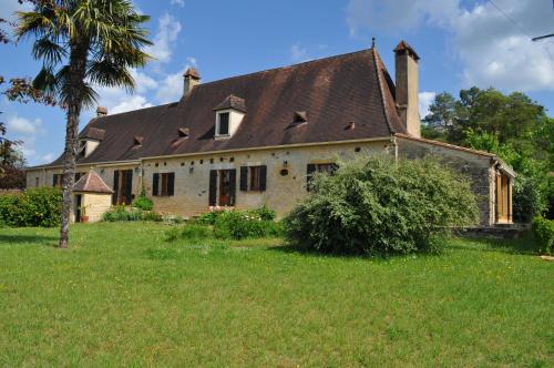 an old house with a palm tree in a yard at Gîte pour 4 personnes - Dordogne in Bressac