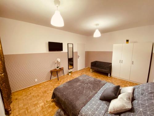 a bedroom with a bed and a television in it at ClickTheFlat Wokalna Apart Rooms in Warsaw