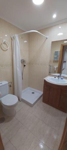 een badkamer met een toilet, een wastafel en een douche bij Adosado con piscina y terraza a 700m de la playa in Gran Alacant