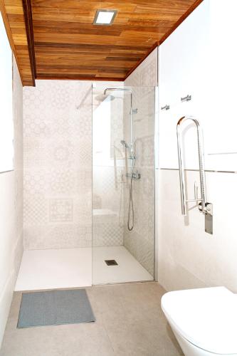 a bathroom with a shower and a toilet and a sink at O Fogar do Carpinteiro in Carnota