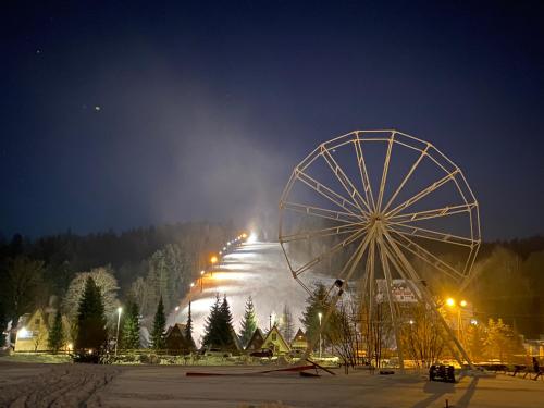 a large ferris wheel at a ski resort at night at Apartamenty Kotarz Sauna&Relaks in Brenna