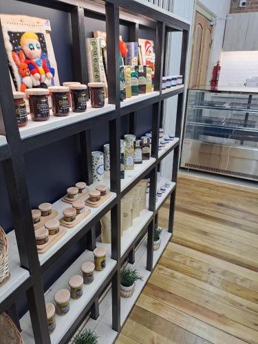 a store shelf with jars and plants on it at Hotel Di Torlaschi in Valdivia