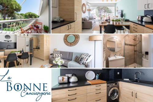 un collage de photos d'une cuisine et d'un salon dans l'établissement Au fil de l'eau * studio canapé lit confortable * clim réversible * cosy * Élégant, à La Grande Motte