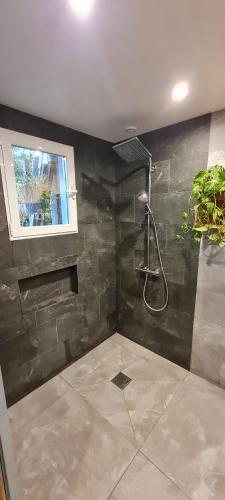 a bathroom with a shower and a window at Lodge Terre de Glisse in Saint-Jean-de-Luz