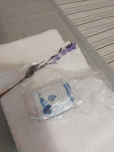 a plastic package with a toothbrush on top of towels at Os Cabaleiros in Mos