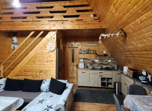 Cabana Lupul din Apuseni في Mătişeşti: غرفة معيشة مع أريكة ومطبخ