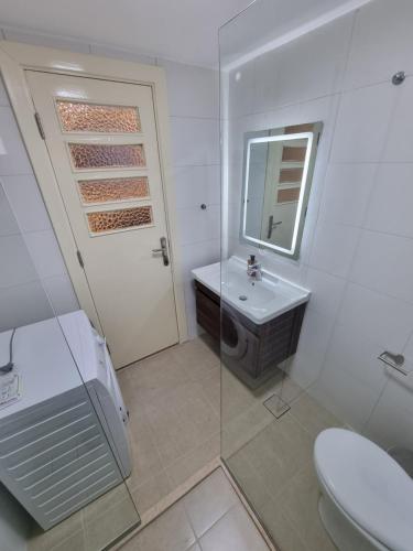 La salle de bains est pourvue d'un lavabo, de toilettes et d'une douche. dans l'établissement Downtown Living Boutique Apartments, à Amman