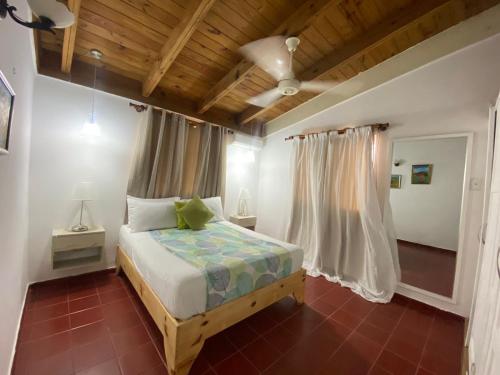バヤイベにあるApartamentos Magallanes Bayahibeの木製の天井が特徴のベッドルーム1室(ベッド1台付)