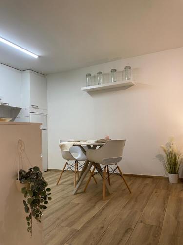 cocina con mesa y 2 sillas en una habitación en Eine schöne Wohnung am Messeplatz, en Basilea