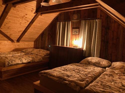 a bedroom with two beds in a cabin at Chalupa Řeka - Na samotě u lesa in Řeka