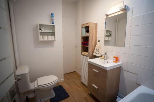 une petite salle de bain avec toilettes et lavabo dans l'établissement Cosy and calm apartment in the center of nancy, à Nancy