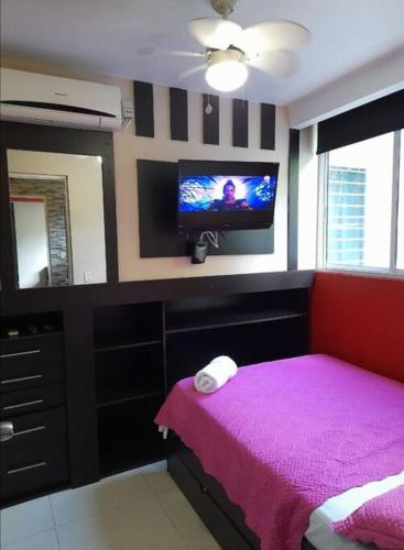 a bedroom with a pink bed and a flat screen tv at R.3-3 Lindo estudio, 2 habitaciones en el ciudad de Panamá. in Panama City