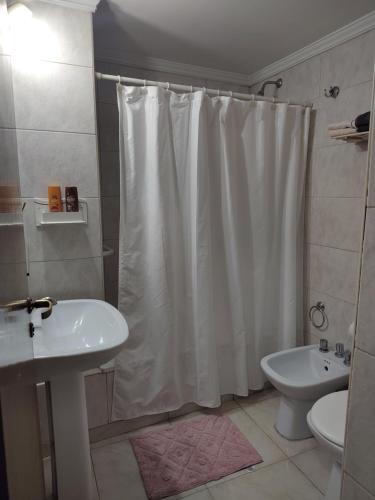 a bathroom with a white shower curtain and a sink at MENDOZA SUITES in Mendoza