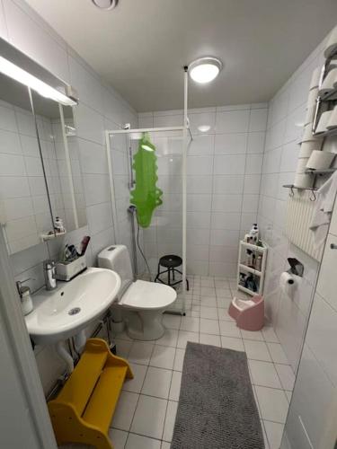 a bathroom with a sink and a toilet and a mirror at Private room in a shared apartment in Västerås